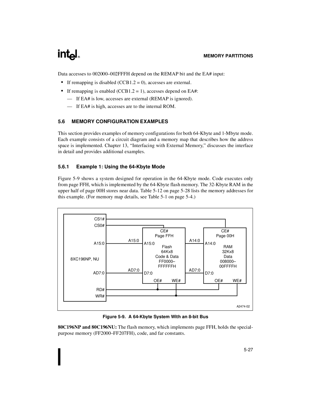 Intel 8XC196NP, 80C196NU manual Memory Configuration Examples, Example 1 Using the 64-Kbyte Mode, Rd# Wr#, Ce#, Oe# We# 