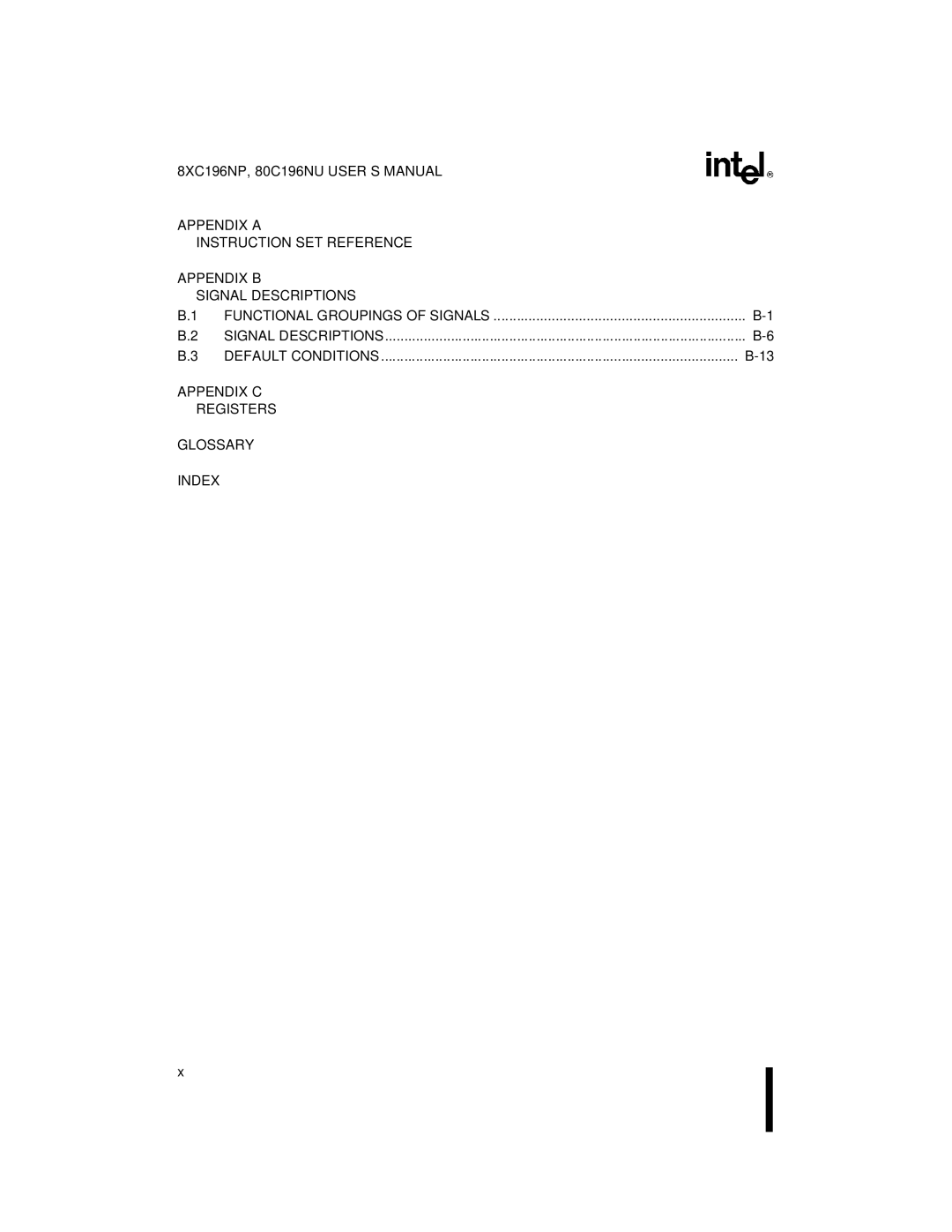 Intel Microcontroller, 80C196NU, 8XC196NP manual Appendix C Registers Glossary Index 