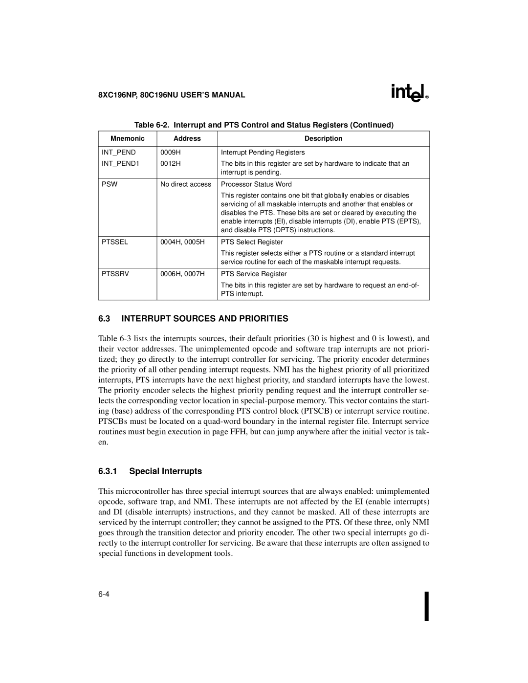 Intel 80C196NU, 8XC196NP, Microcontroller Interrupt Sources and Priorities, Special Interrupts, Intpend, Ptssel, Ptssrv 