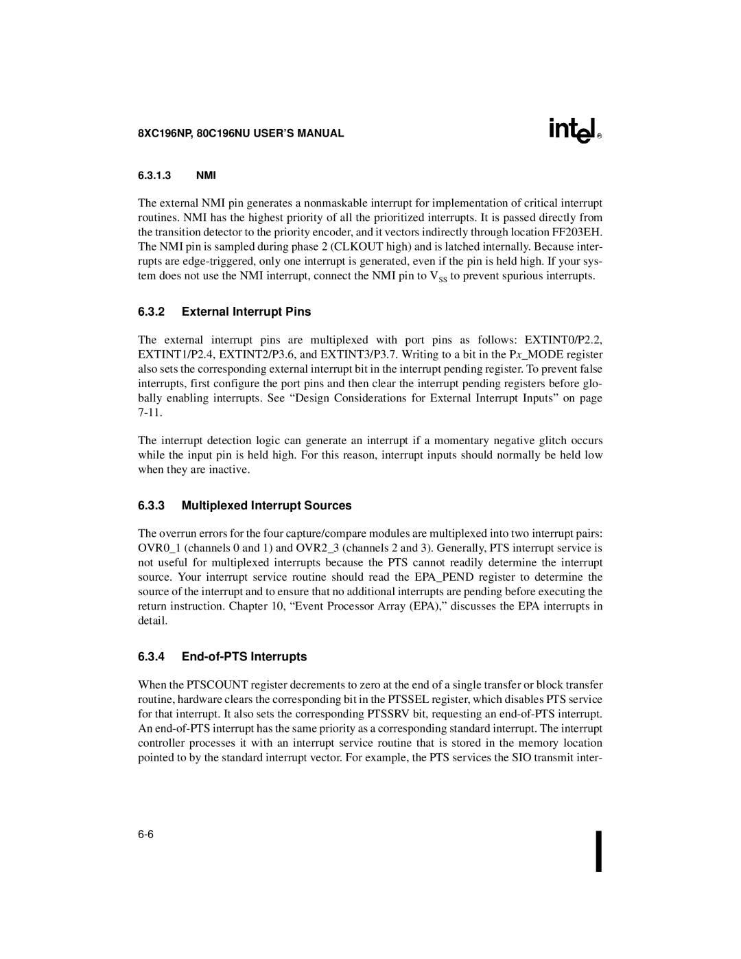 Intel Microcontroller, 80C196NU External Interrupt Pins, Multiplexed Interrupt Sources, End-of-PTS Interrupts, 1.3 NMI 