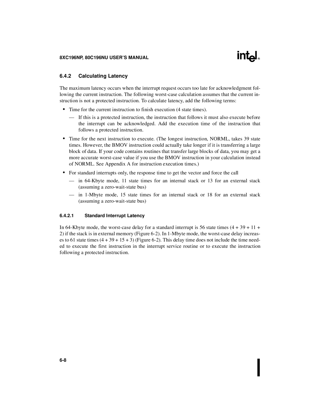 Intel 8XC196NP, 80C196NU, Microcontroller manual Calculating Latency, Standard Interrupt Latency 