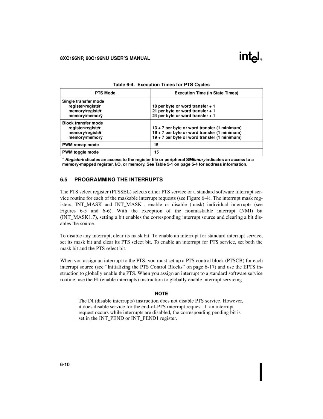 Intel 80C196NU manual Programming the Interrupts, Execution Times for PTS Cycles, PTS Mode Execution Time in State Times 