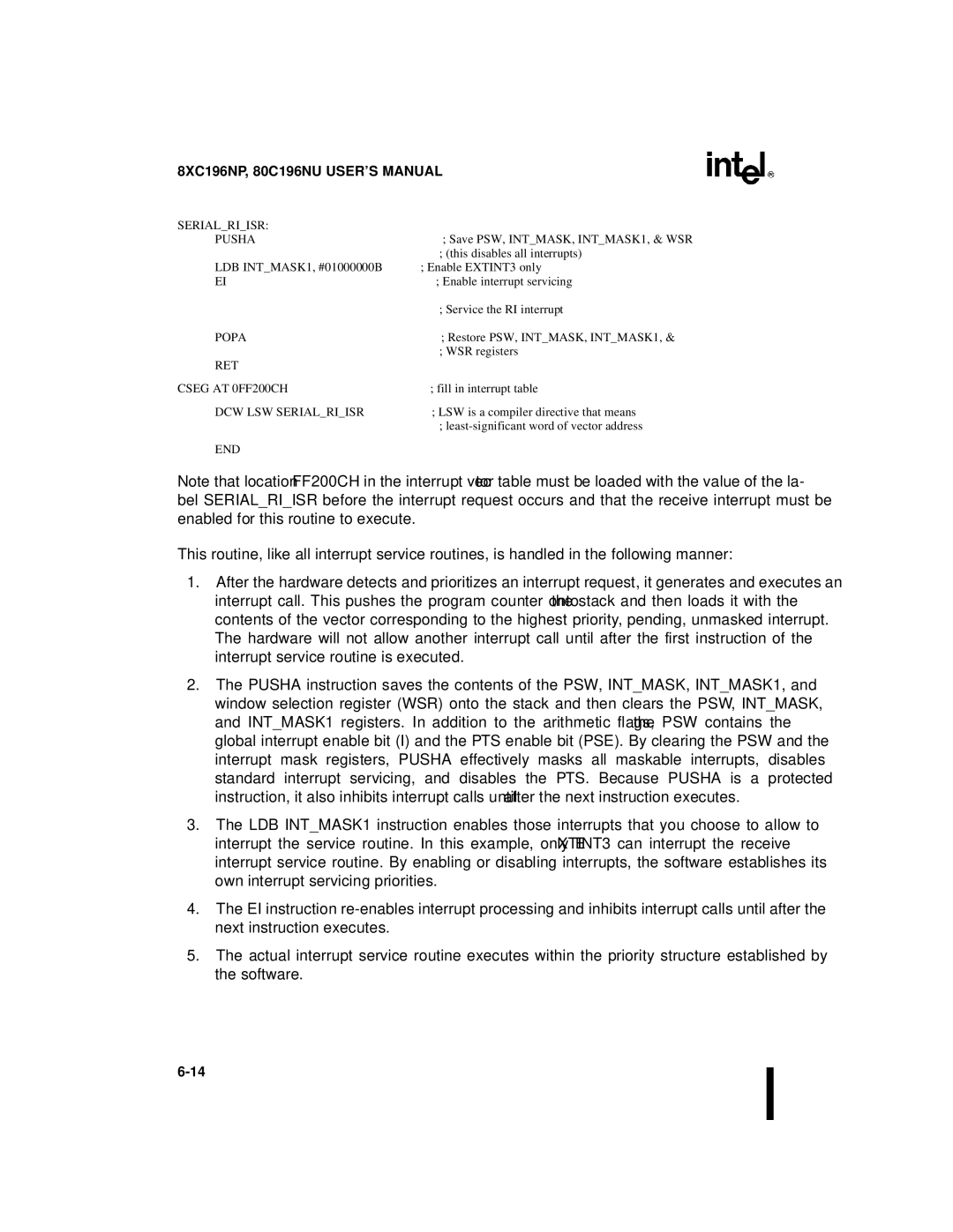 Intel 8XC196NP, 80C196NU, Microcontroller manual RET Cseg AT 0FF200CH 