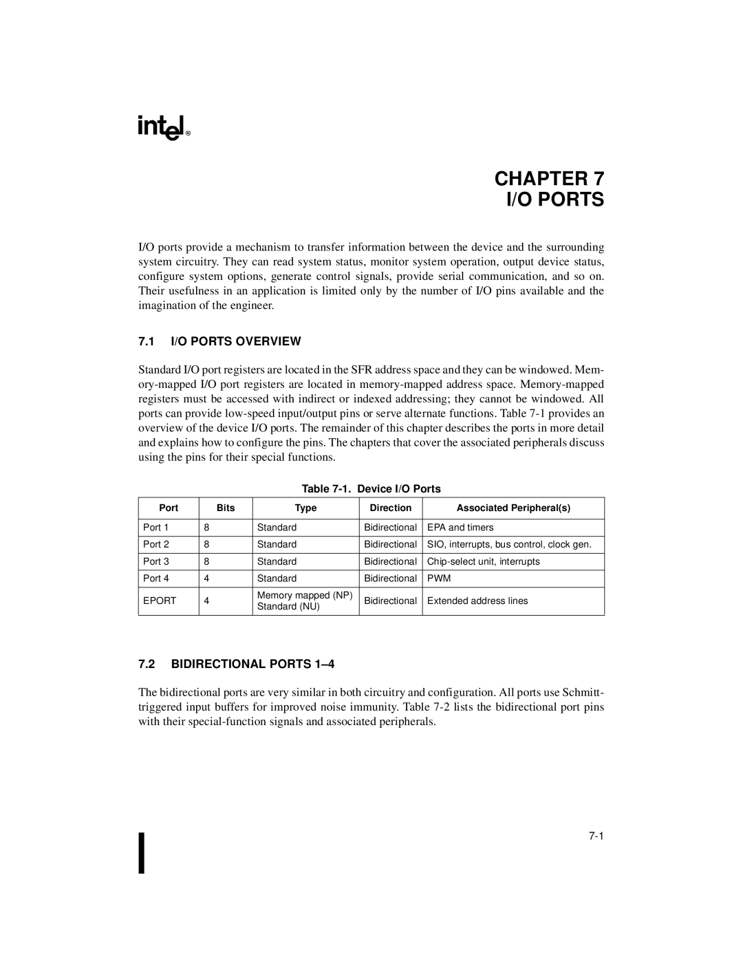 Intel Microcontroller I/O Ports Overview, Bidirectional Ports, Device I/O Ports, Port Bits Type, Associated Peripherals 