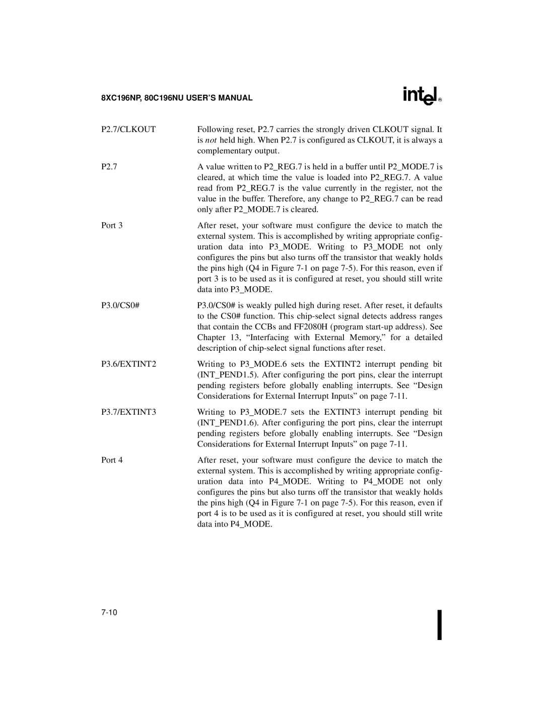 Intel Microcontroller, 80C196NU, 8XC196NP manual P2.7/CLKOUT 