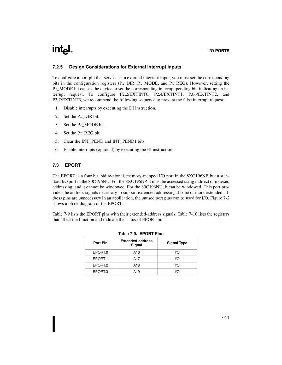 Intel 80C196NU Design Considerations for External Interrupt Inputs, Eport Pins, Port Pin Extended-address Signal Type 