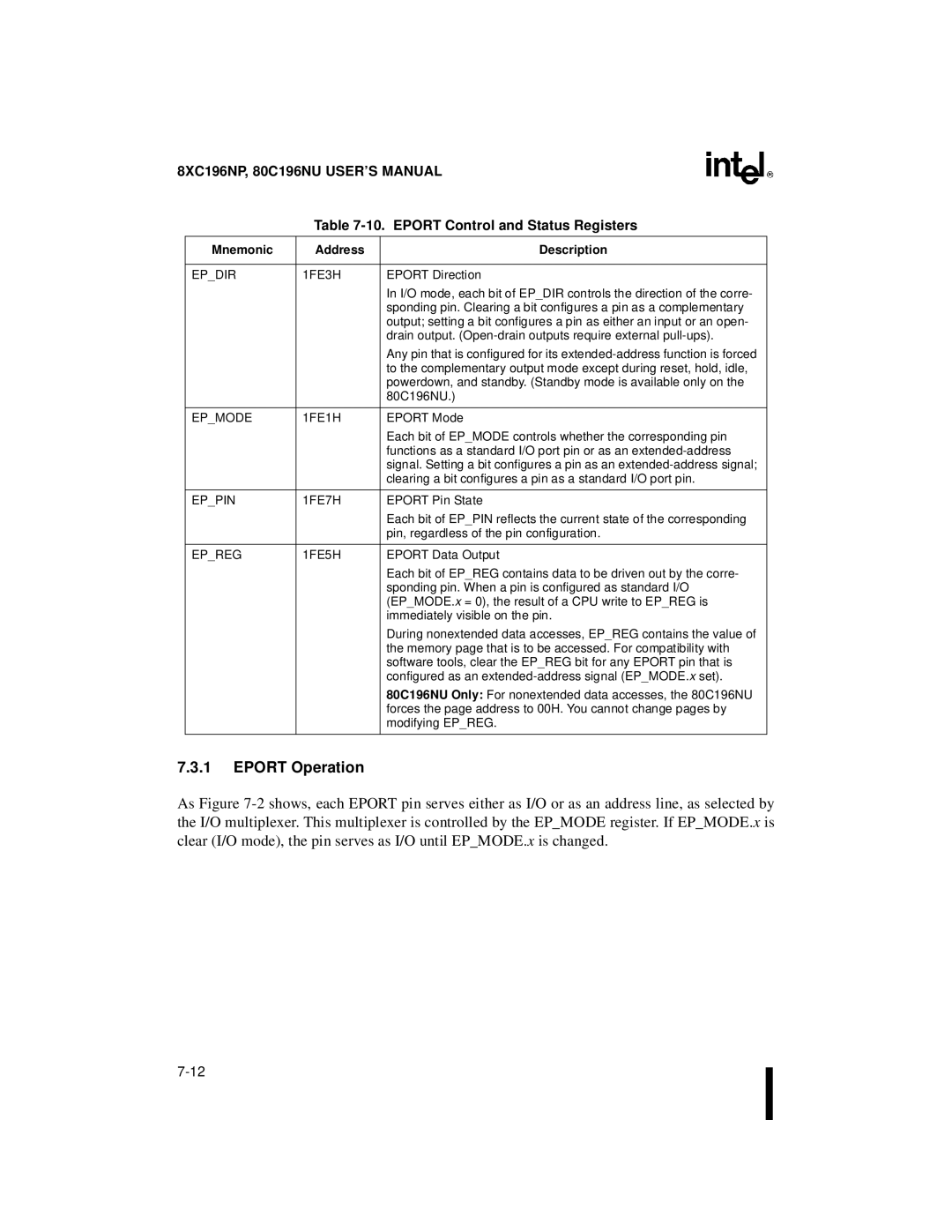 Intel 8XC196NP, 80C196NU, Microcontroller manual Eport Operation, Eport Control and Status Registers 