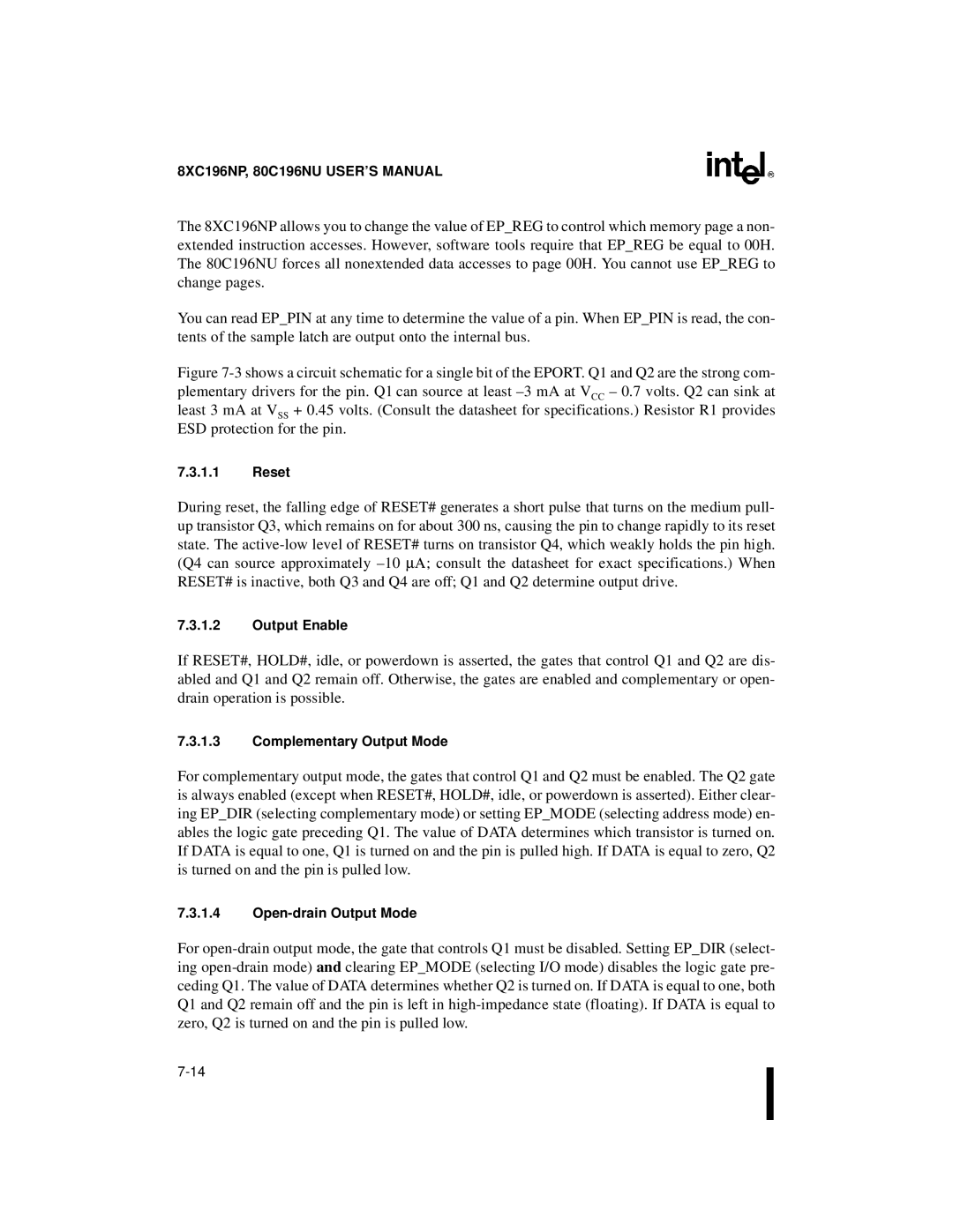 Intel 80C196NU, 8XC196NP, Microcontroller manual Reset, Output Enable, Complementary Output Mode, Open-drain Output Mode 