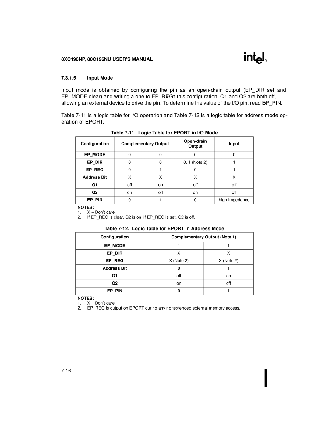 Intel Microcontroller manual Input Mode, Logic Table for Eport in I/O Mode, Logic Table for Eport in Address Mode, Eppin 