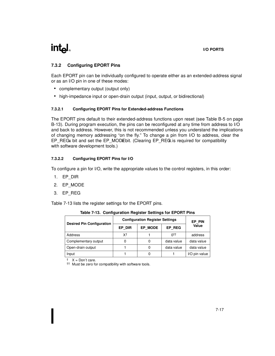 Intel 80C196NU, 8XC196NP manual Configuring Eport Pins for Extended-address Functions, Configuring Eport Pins for I/O 