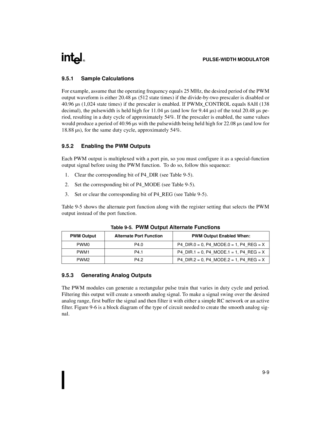 Intel Microcontroller, 80C196NU, 8XC196NP Sample Calculations, Enabling the PWM Outputs, PWM Output Alternate Functions 