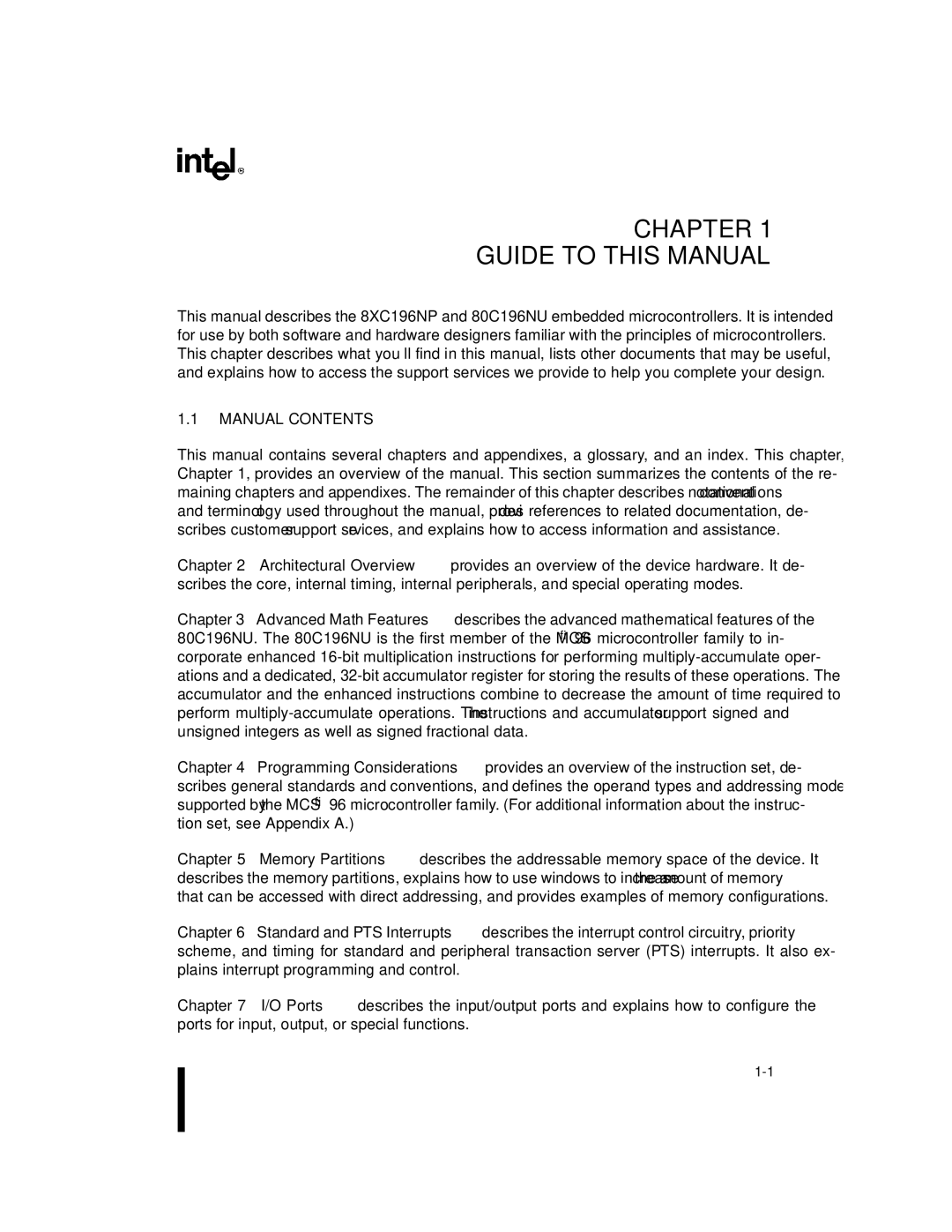 Intel Microcontroller, 80C196NU, 8XC196NP manual Chapter Guide to this Manual, Manual Contents 