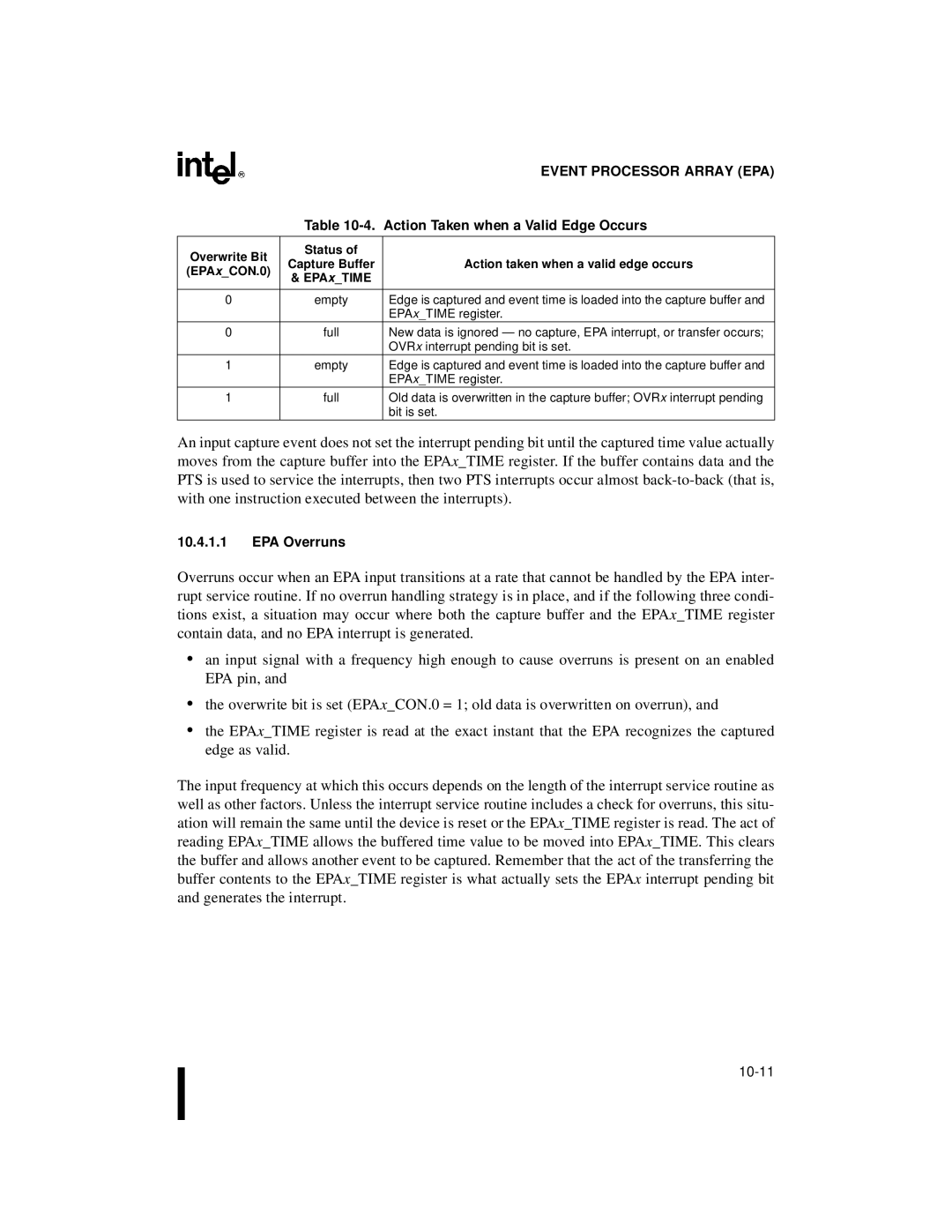 Intel 8XC196NP manual Action Taken when a Valid Edge Occurs, EPA Overruns, Action taken when a valid edge occurs, EPAxCON.0 