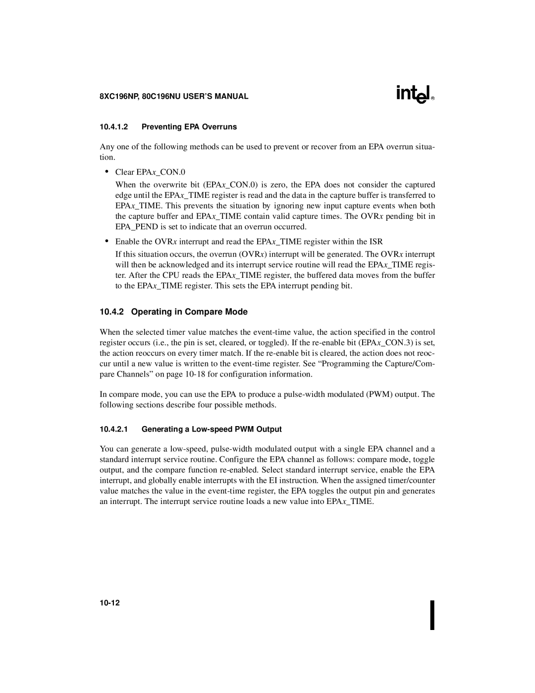 Intel Microcontroller, 80C196NU manual Operating in Compare Mode, Preventing EPA Overruns, Generating a Low-speed PWM Output 