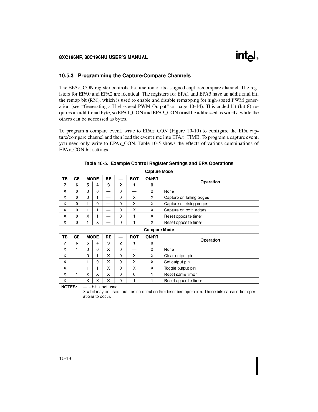 Intel Microcontroller manual Programming the Capture/Compare Channels, Example Control Register Settings and EPA Operations 