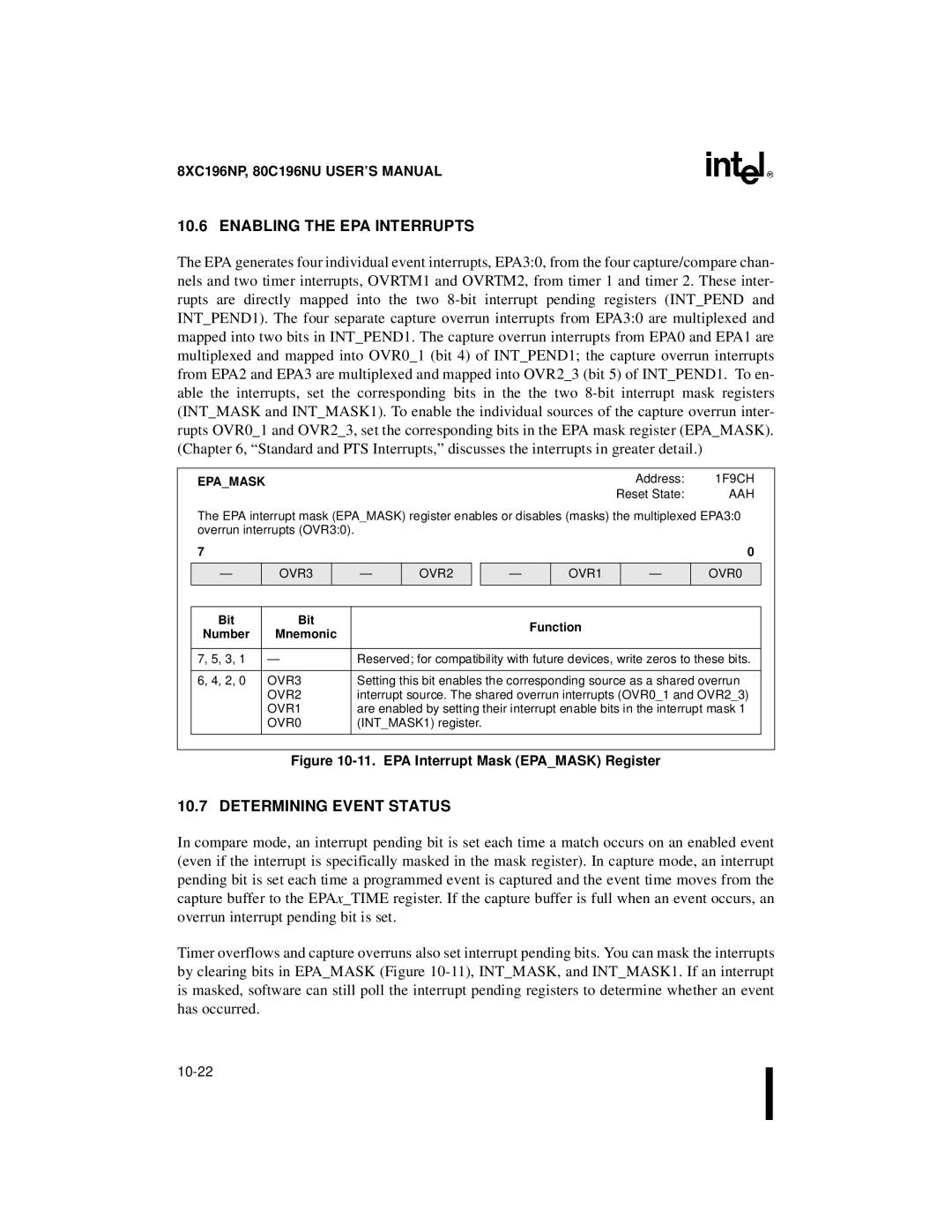 Intel 80C196NU, 8XC196NP, Microcontroller manual Enabling the EPA Interrupts, Determining Event Status, Epamask 