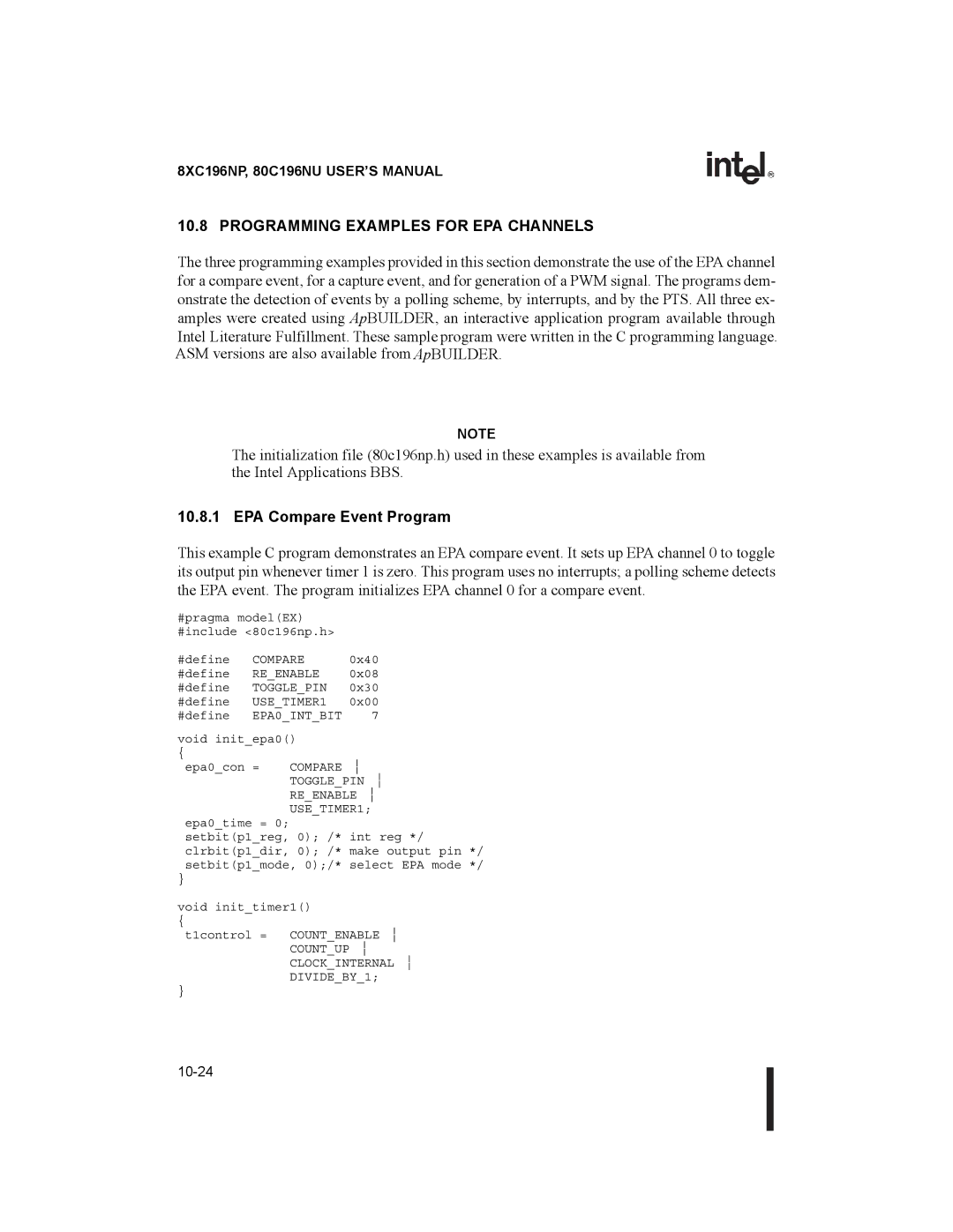 Intel Microcontroller, 80C196NU, 8XC196NP manual Programming Examples for EPA Channels 