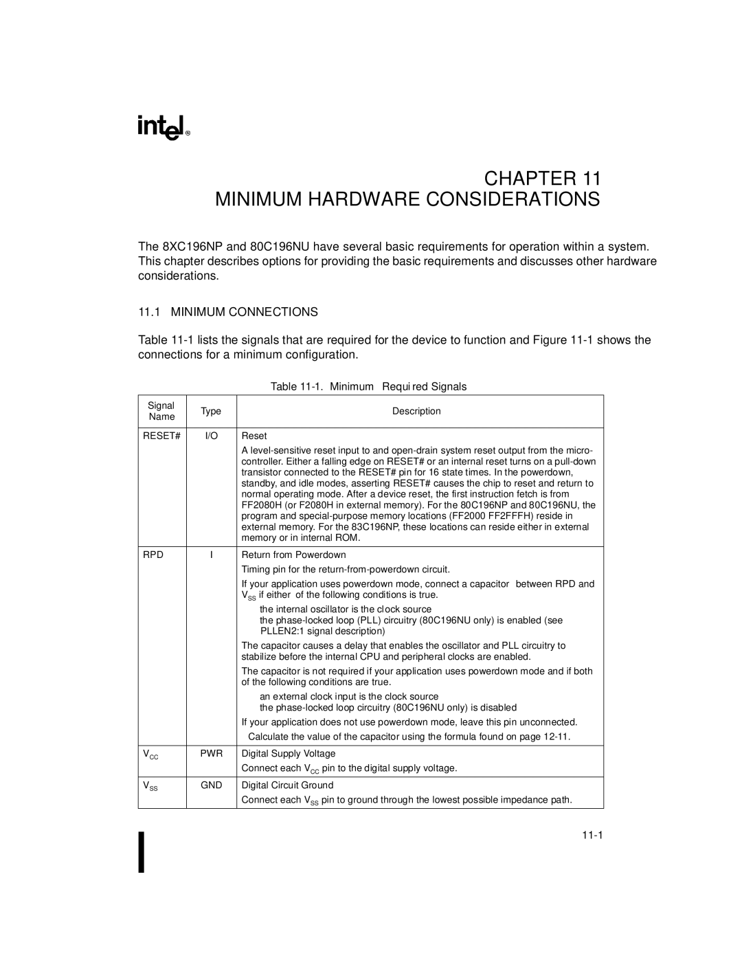 Intel 80C196NU, 8XC196NP, Microcontroller manual Minimum Connections, Minimum Required Signals 