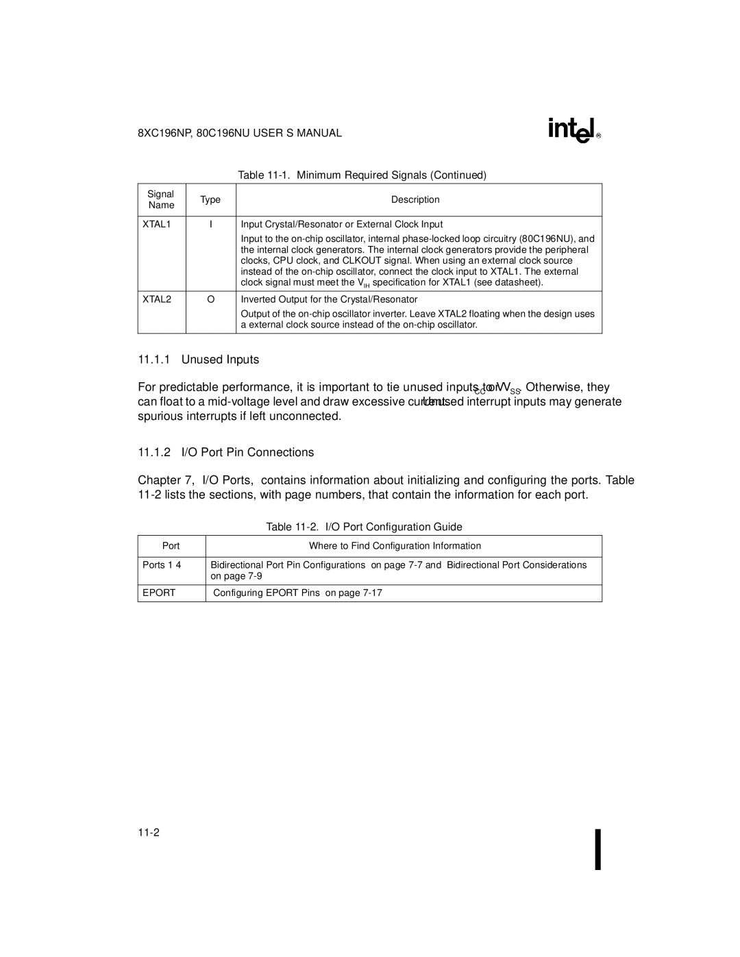 Intel 8XC196NP, 80C196NU, Microcontroller manual Unused Inputs, 11.1.2 I/O Port Pin Connections, I/O Port Configuration Guide 