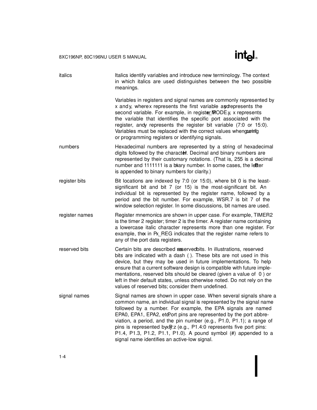 Intel Microcontroller, 80C196NU, 8XC196NP manual Italics 