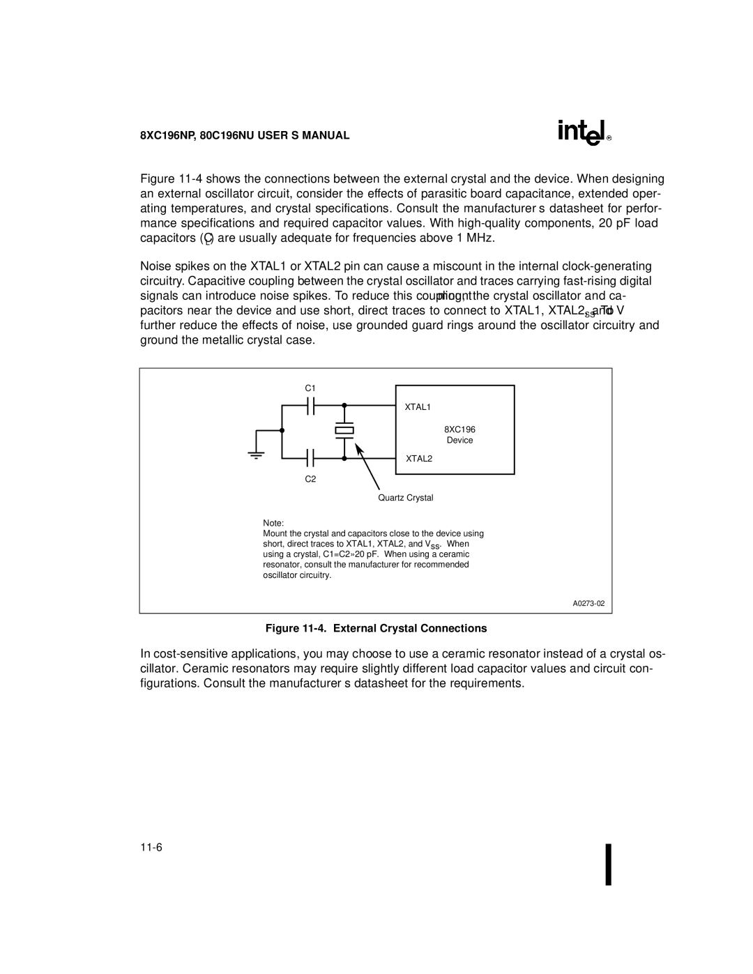 Intel Microcontroller, 80C196NU, 8XC196NP manual External Crystal Connections 