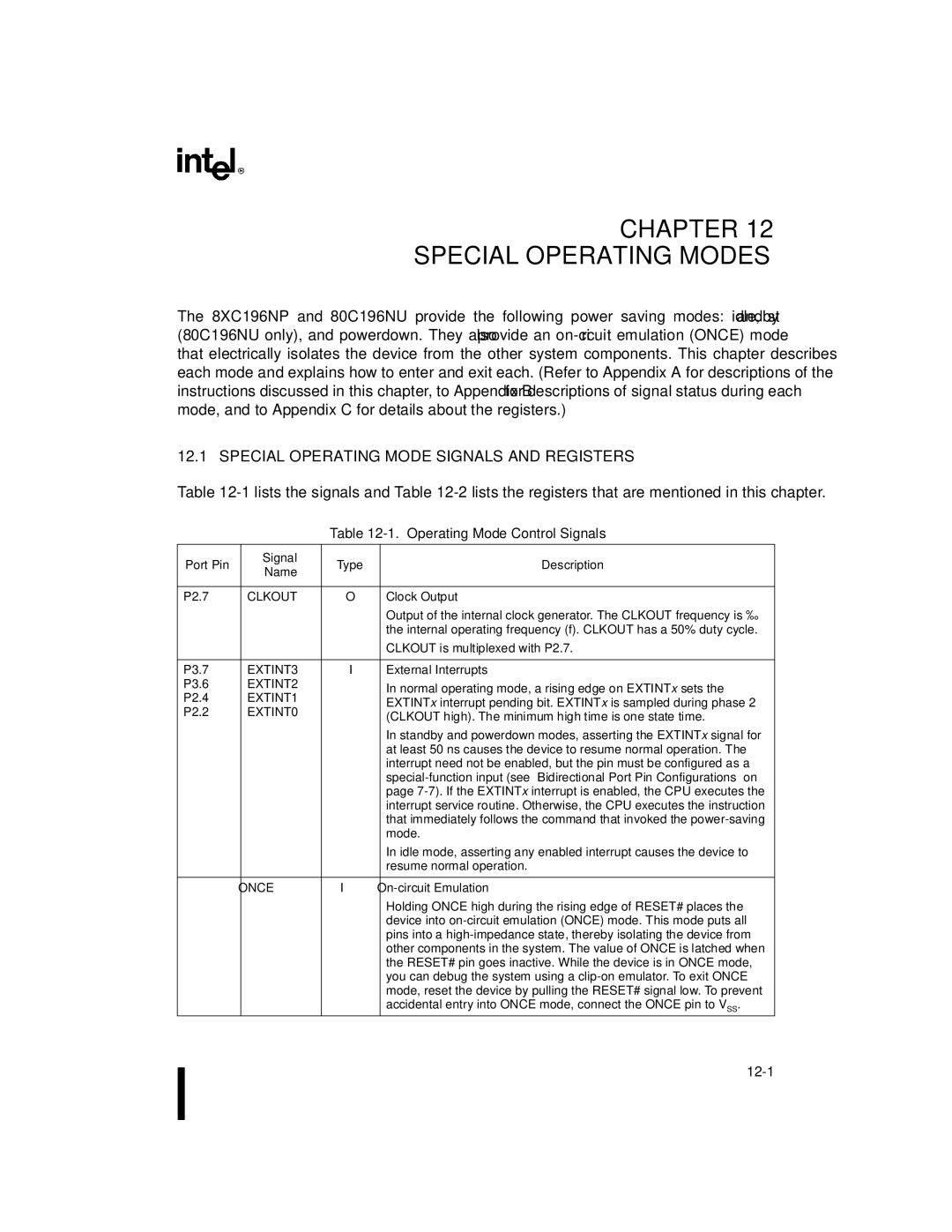 Intel Microcontroller, 80C196NU manual Special Operating Mode Signals and Registers, Operating Mode Control Signals, Once 