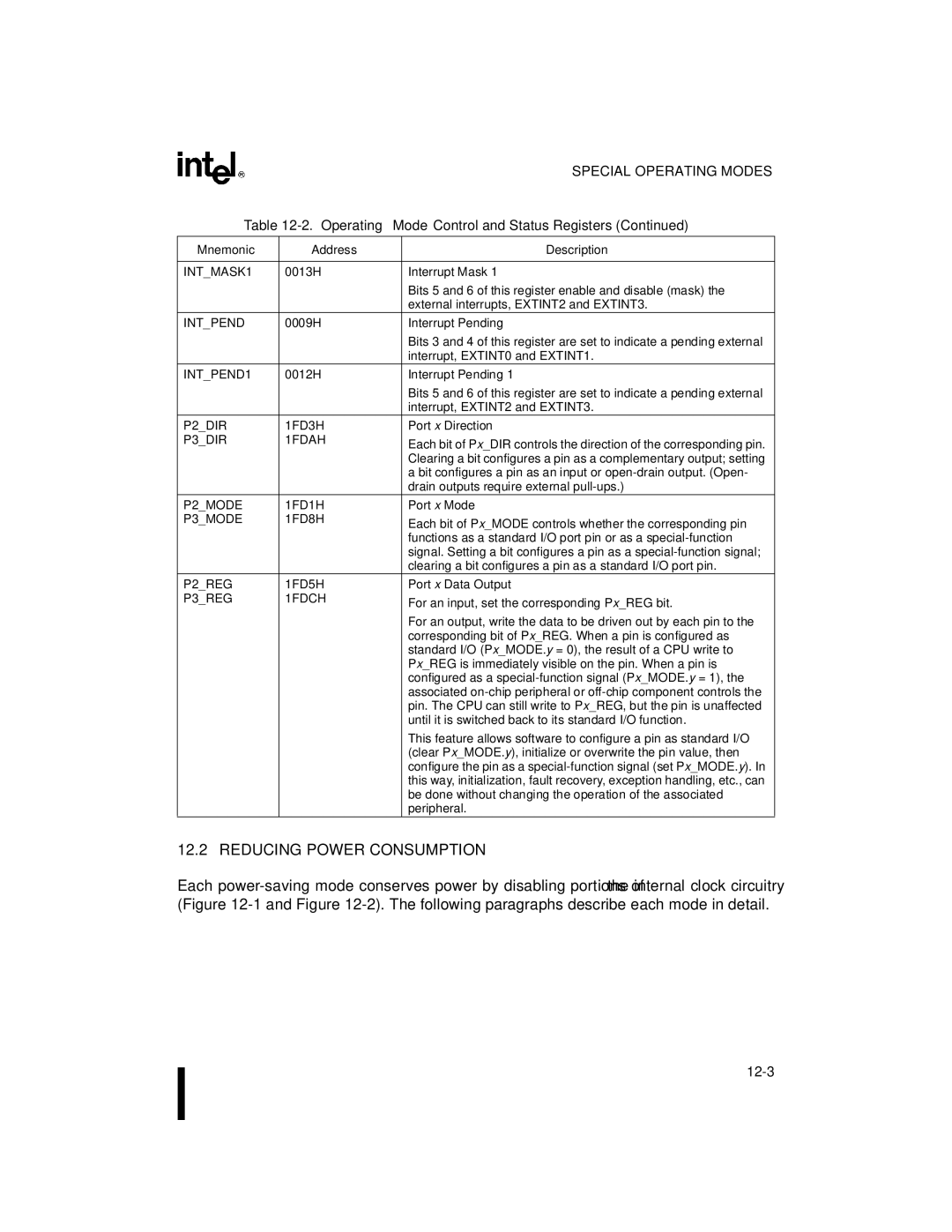 Intel 8XC196NP, 80C196NU, Microcontroller manual Reducing Power Consumption, P2DIR 1FD3H, P2MODE 1FD1H, P2REG 1FD5H 