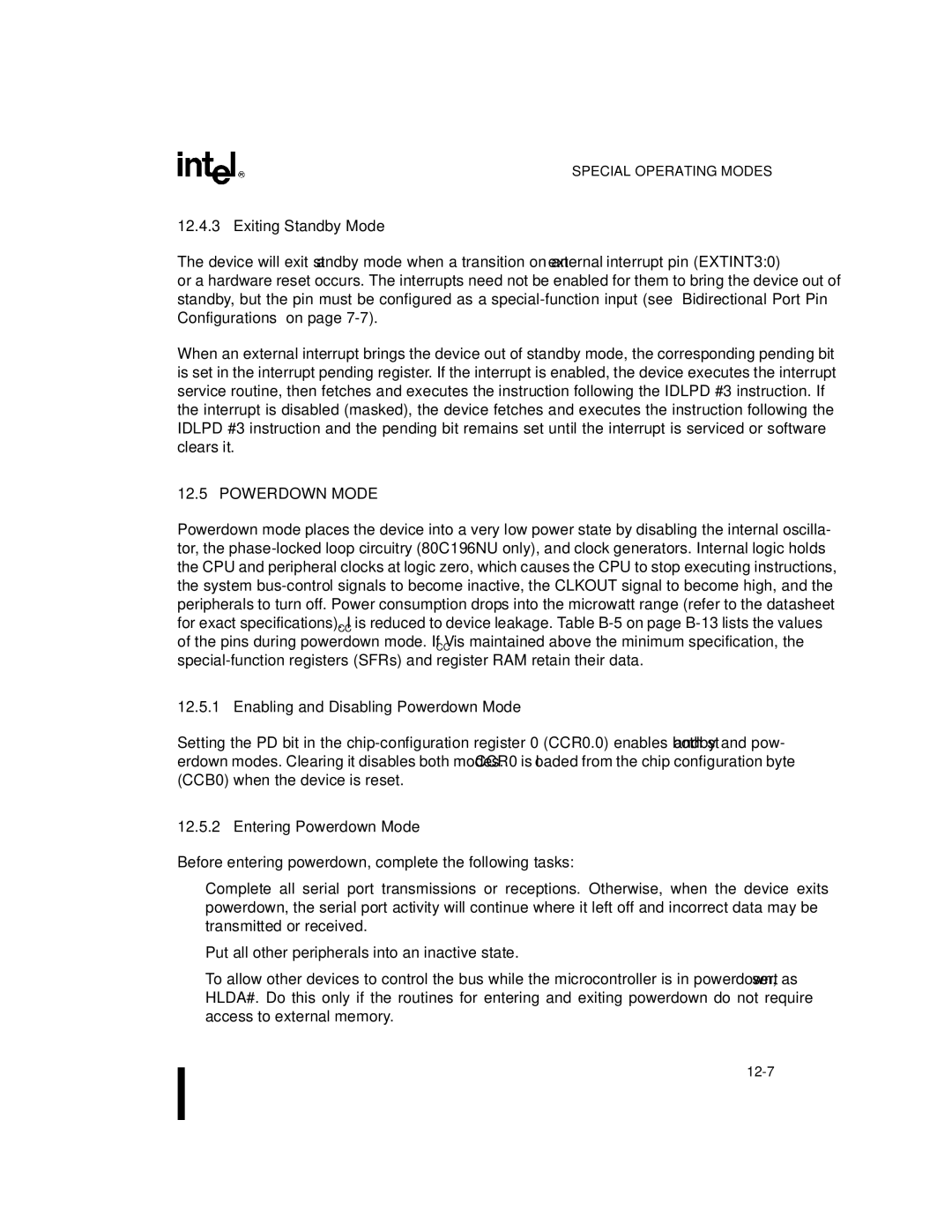 Intel Microcontroller, 80C196NU Exiting Standby Mode, Enabling and Disabling Powerdown Mode, Entering Powerdown Mode 