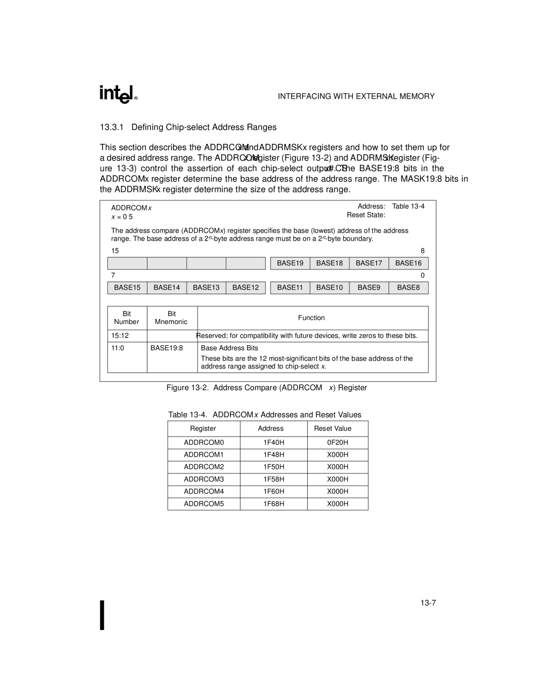 Intel 80C196NU, 8XC196NP manual Defining Chip-select Address Ranges, Addrcom Address Reset State, Register Address 