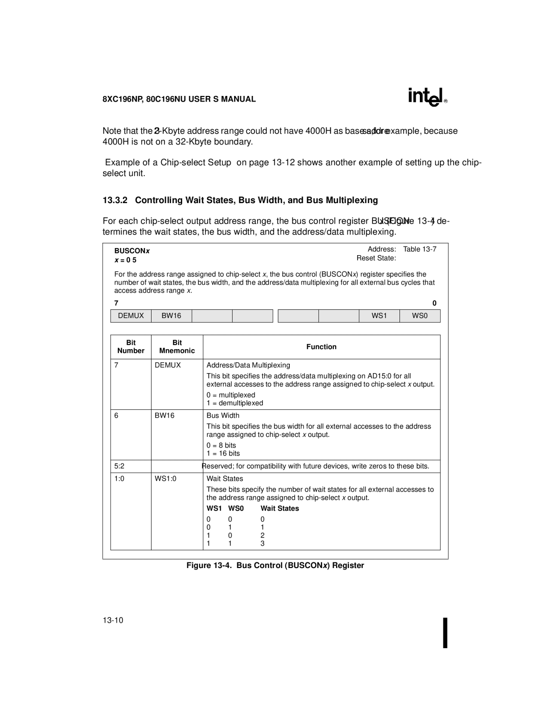 Intel 80C196NU, 8XC196NP Controlling Wait States, Bus Width, and Bus Multiplexing, Buscon Address Reset State, WS1 WS0 