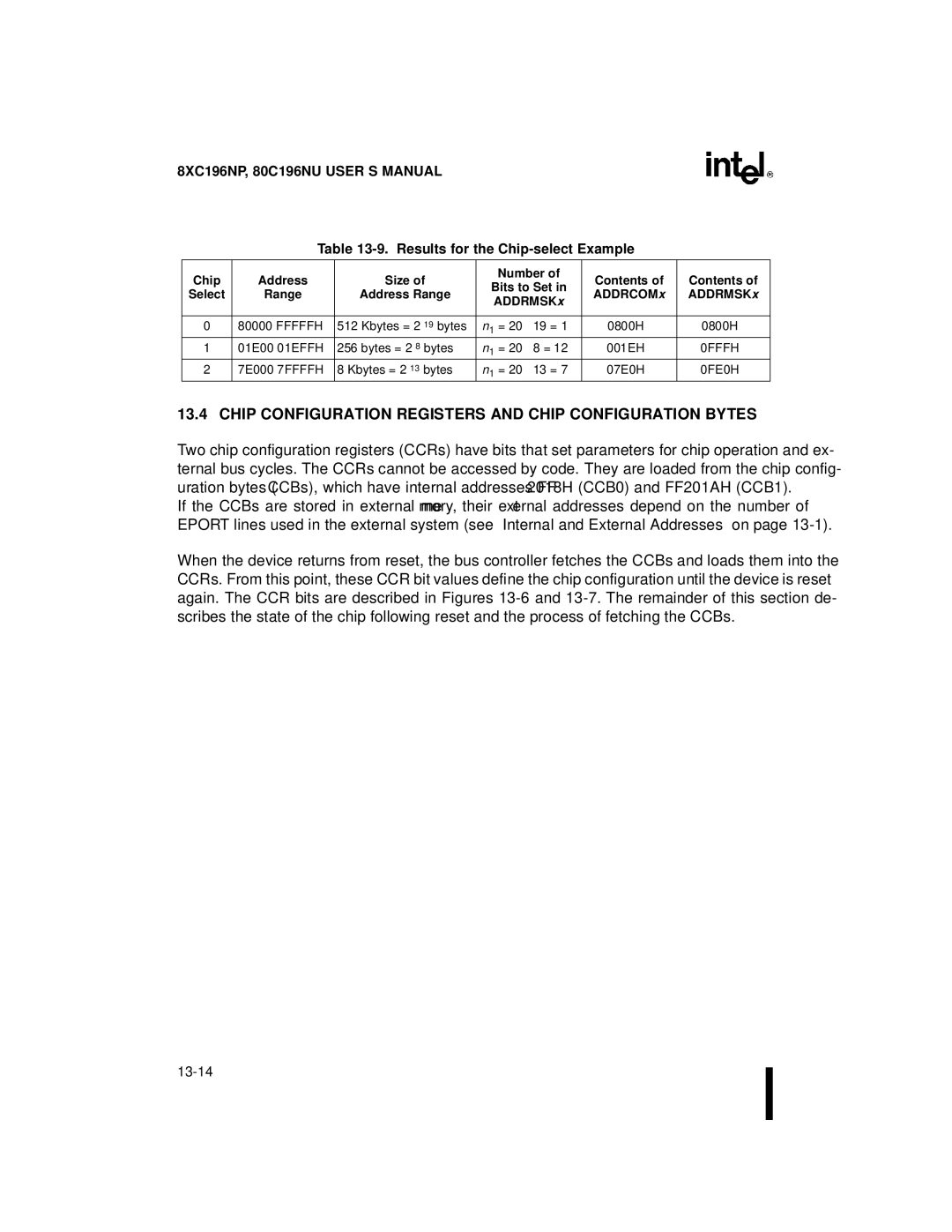 Intel 8XC196NP, 80C196NU Chip Configuration Registers and Chip Configuration Bytes, Results for the Chip-select Example 