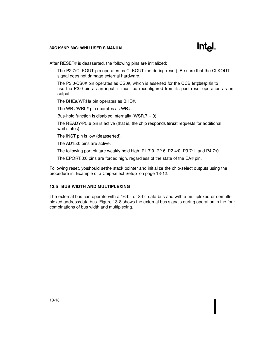 Intel Microcontroller, 80C196NU, 8XC196NP manual BUS Width and Multiplexing 