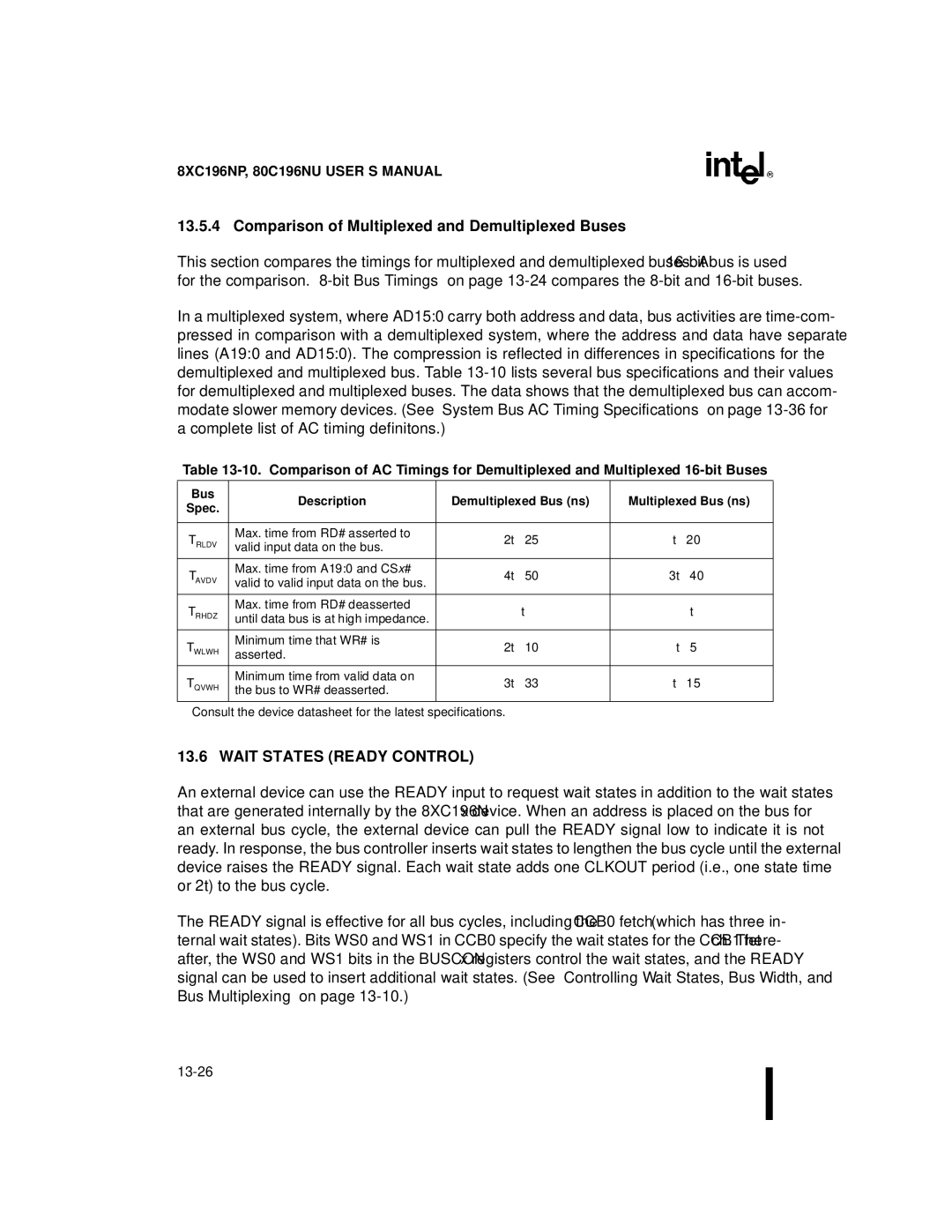 Intel 8XC196NP, 80C196NU, Microcontroller manual Comparison of Multiplexed and Demultiplexed Buses, Wait States Ready Control 