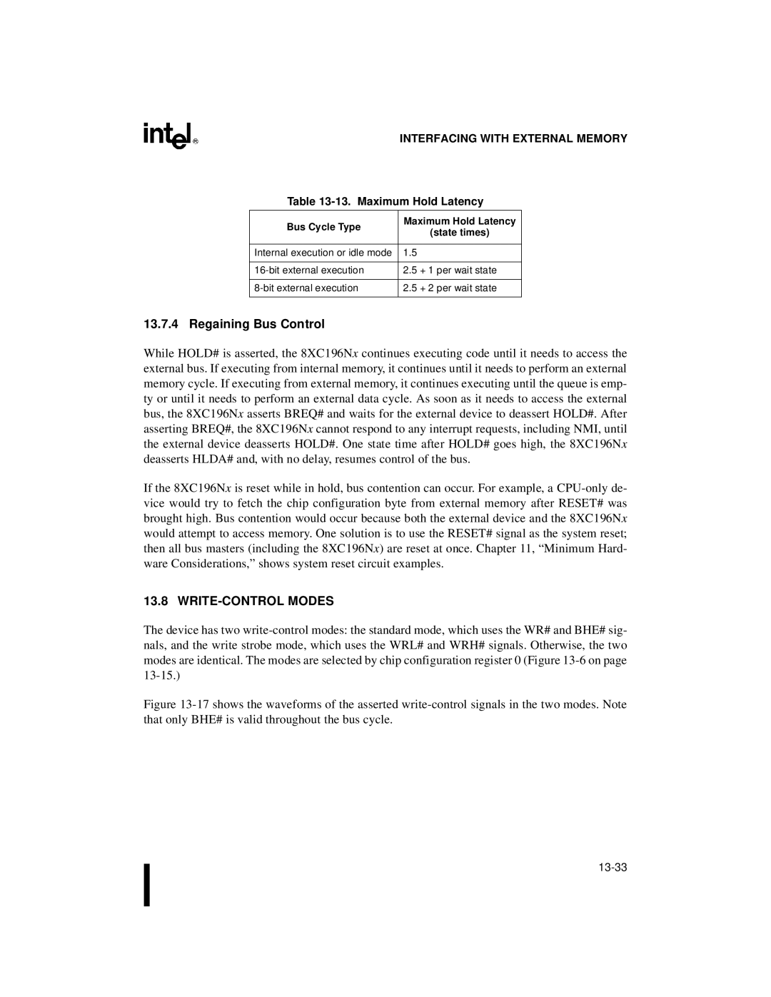 Intel Microcontroller manual Regaining Bus Control, WRITE-CONTROL Modes, Maximum Hold Latency, Bus Cycle Type, State times 