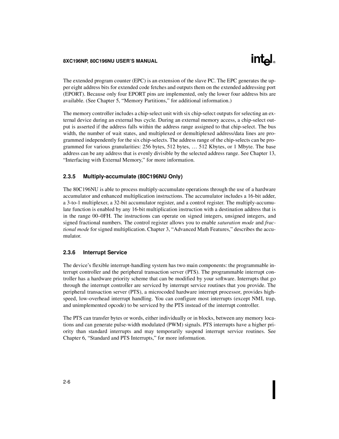 Intel 8XC196NP, Microcontroller manual Multiply-accumulate 80C196NU Only, Interrupt Service 