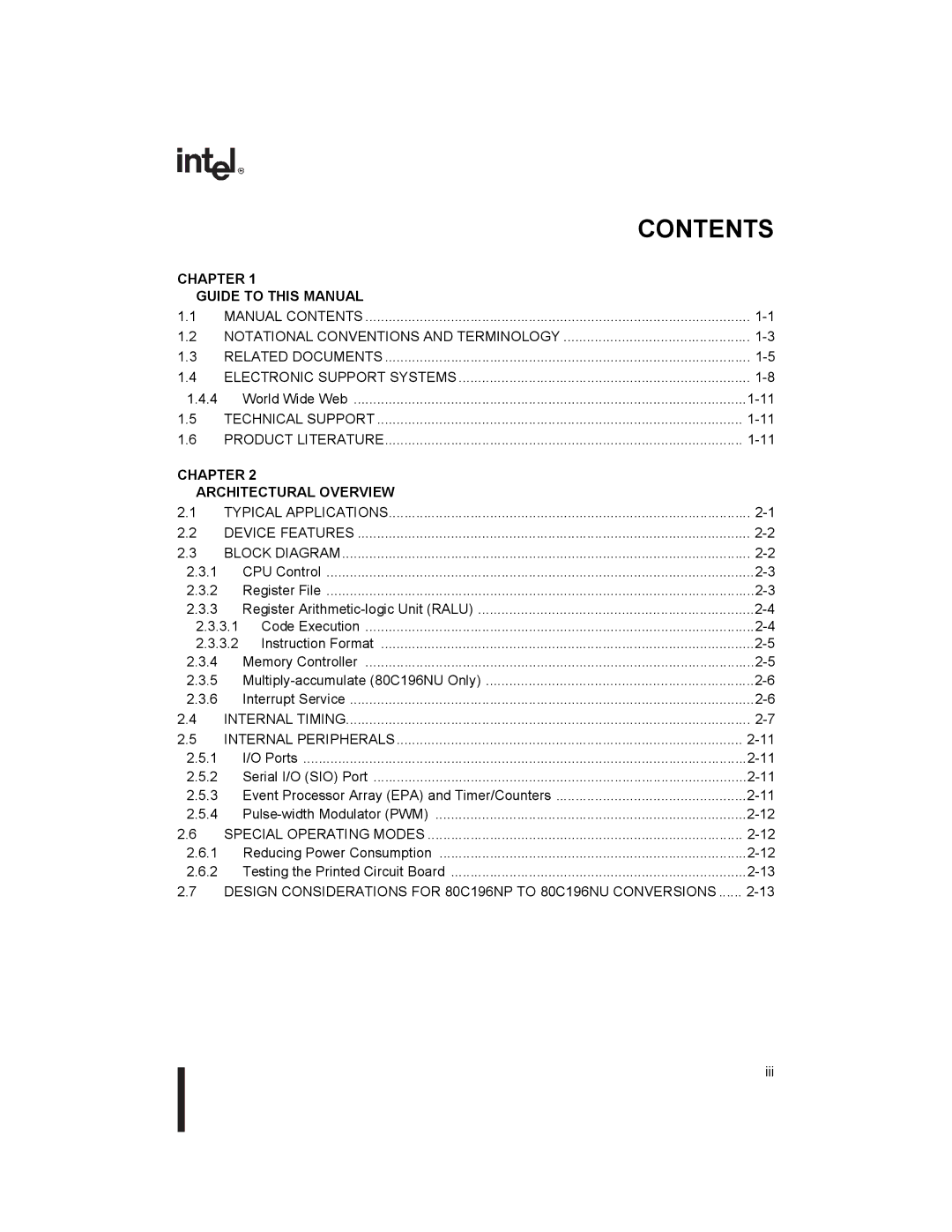 Intel 8XC196NP, 80C196NU, Microcontroller manual Contents 