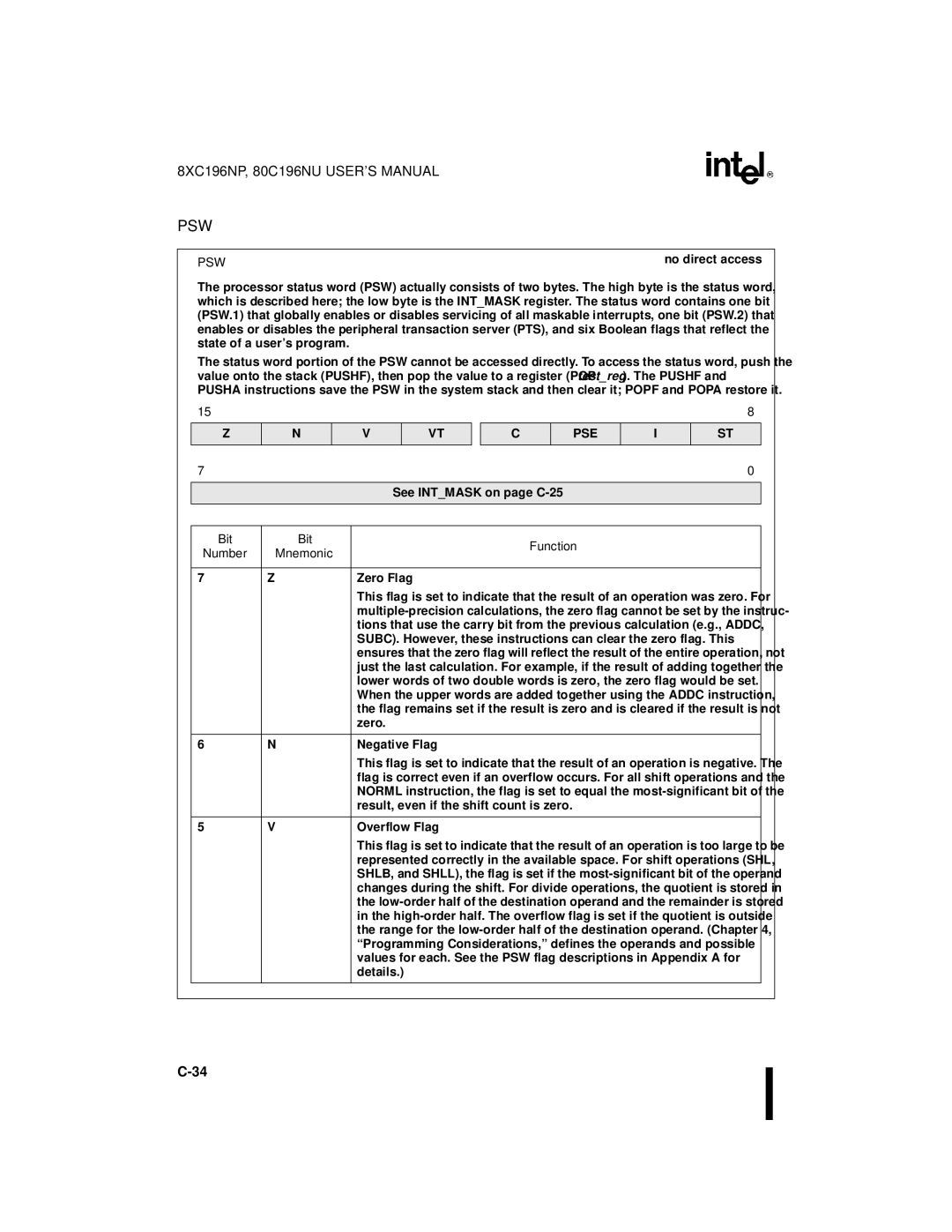 Intel Microcontroller, 80C196NU, 8XC196NP manual Psw, Pse 