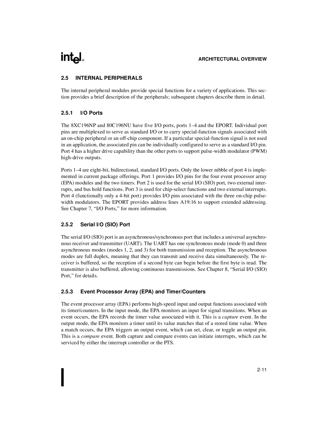 Intel Microcontroller Internal Peripherals, 1 I/O Ports, Serial I/O SIO Port, Event Processor Array EPA and Timer/Counters 