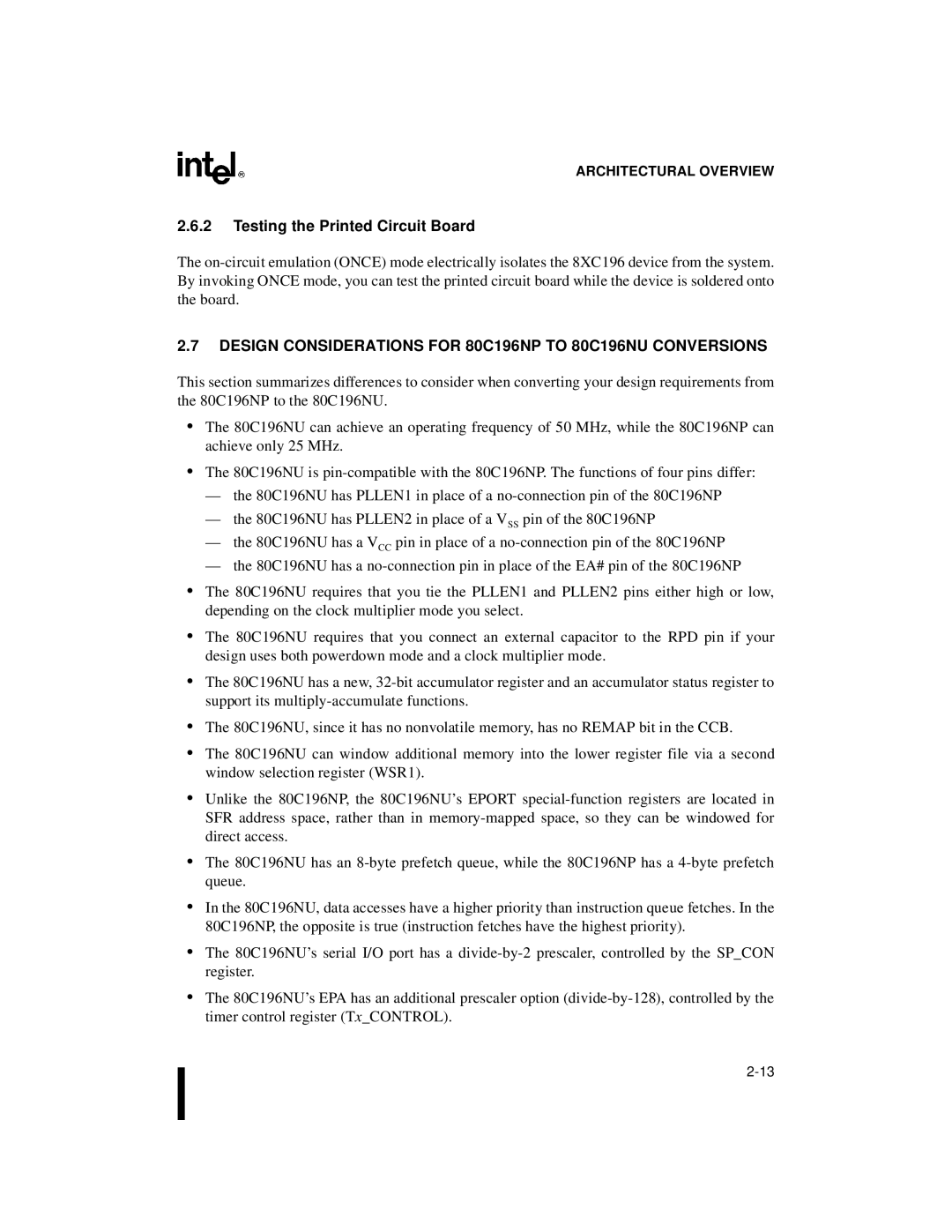 Intel 8XC196NP manual Testing the Printed Circuit Board, Design Considerations for 80C196NP to 80C196NU Conversions 