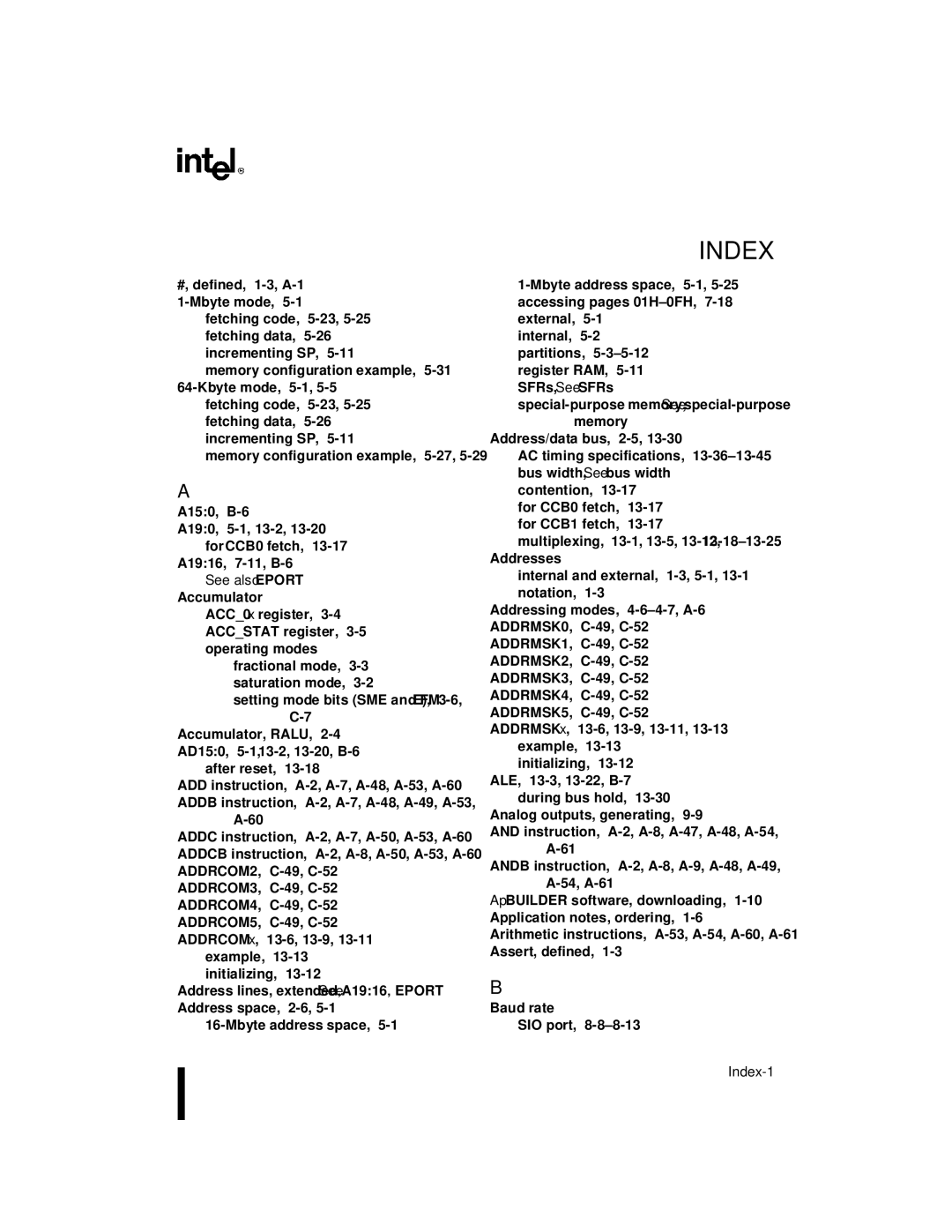 Intel 8XC196NP, 80C196NU, Microcontroller manual Index 