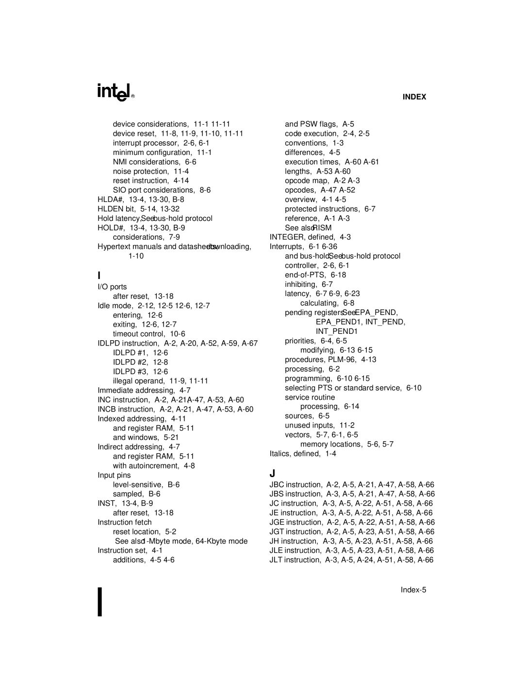 Intel Microcontroller, 80C196NU, 8XC196NP manual Index-5 