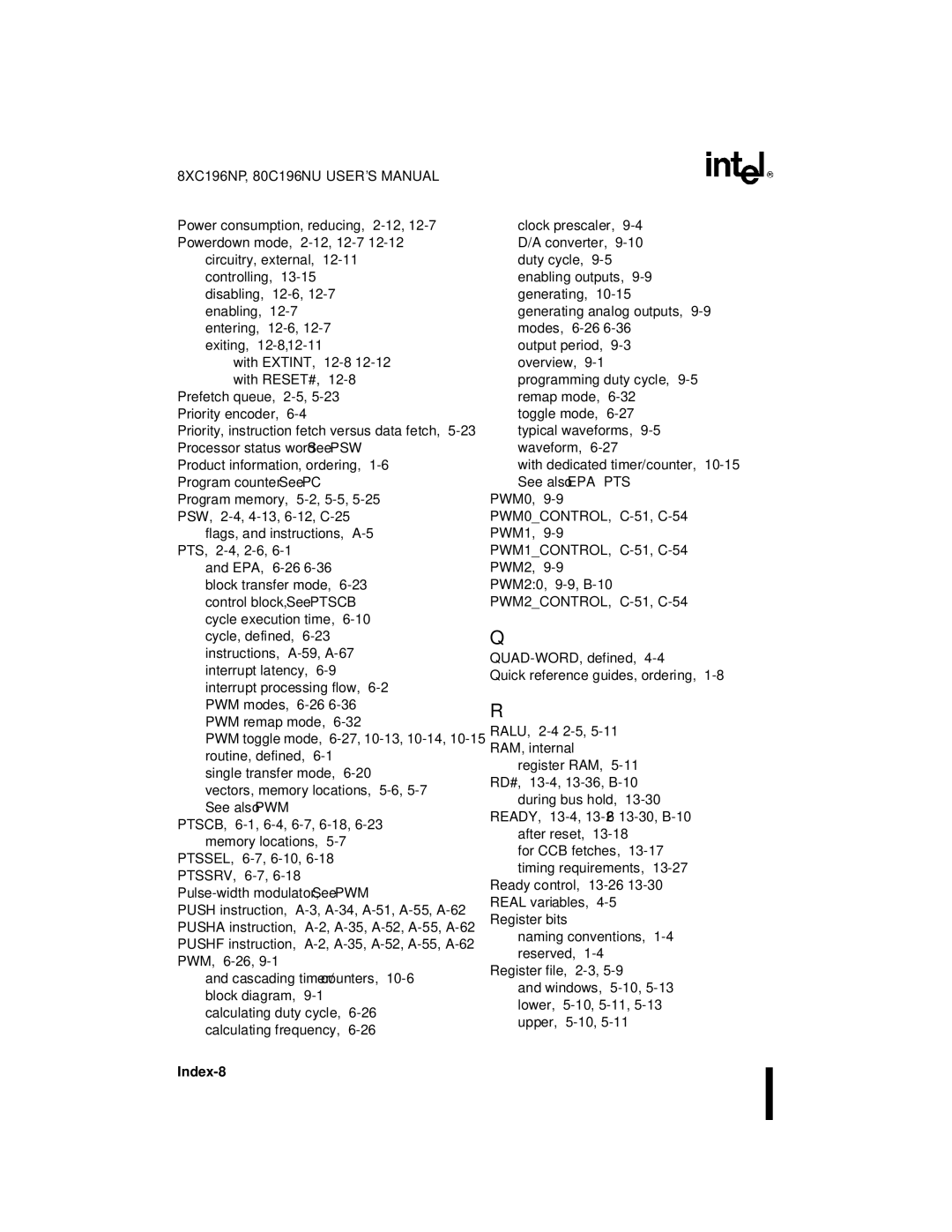 Intel Microcontroller, 80C196NU, 8XC196NP manual Index-8 