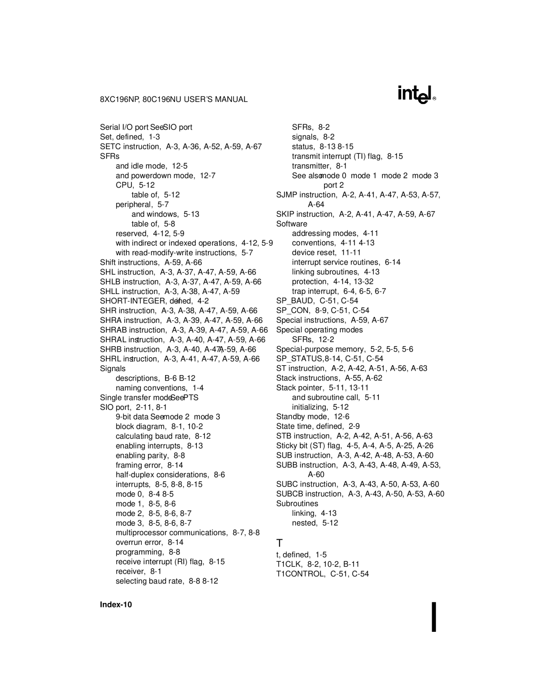 Intel 8XC196NP, 80C196NU, Microcontroller manual Index-10 
