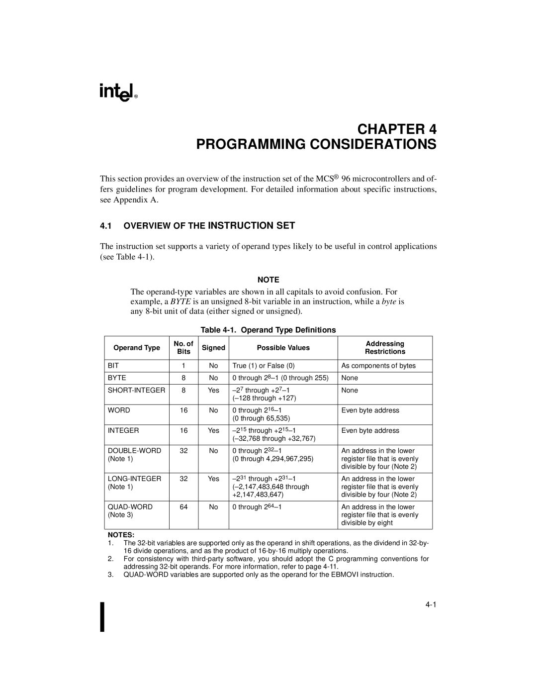 Intel 8XC196NP, 80C196NU, Microcontroller manual Overview of the Instruction SET, Operand Type Definitions, Restrictions 