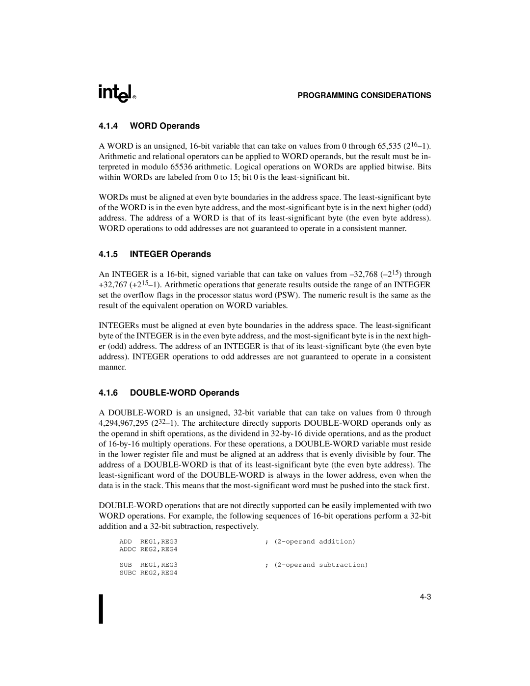 Intel 80C196NU, 8XC196NP, Microcontroller manual Word Operands, Integer Operands, DOUBLE-WORD Operands 