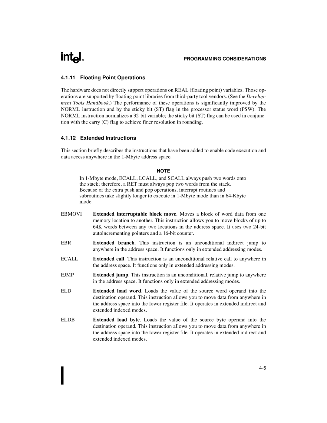 Intel Microcontroller, 80C196NU, 8XC196NP manual Floating Point Operations, Extended Instructions 