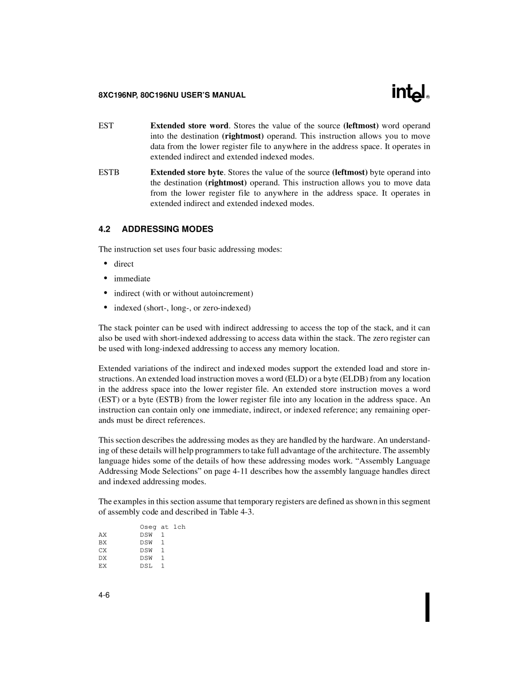 Intel 80C196NU, 8XC196NP, Microcontroller manual Est, Addressing Modes 