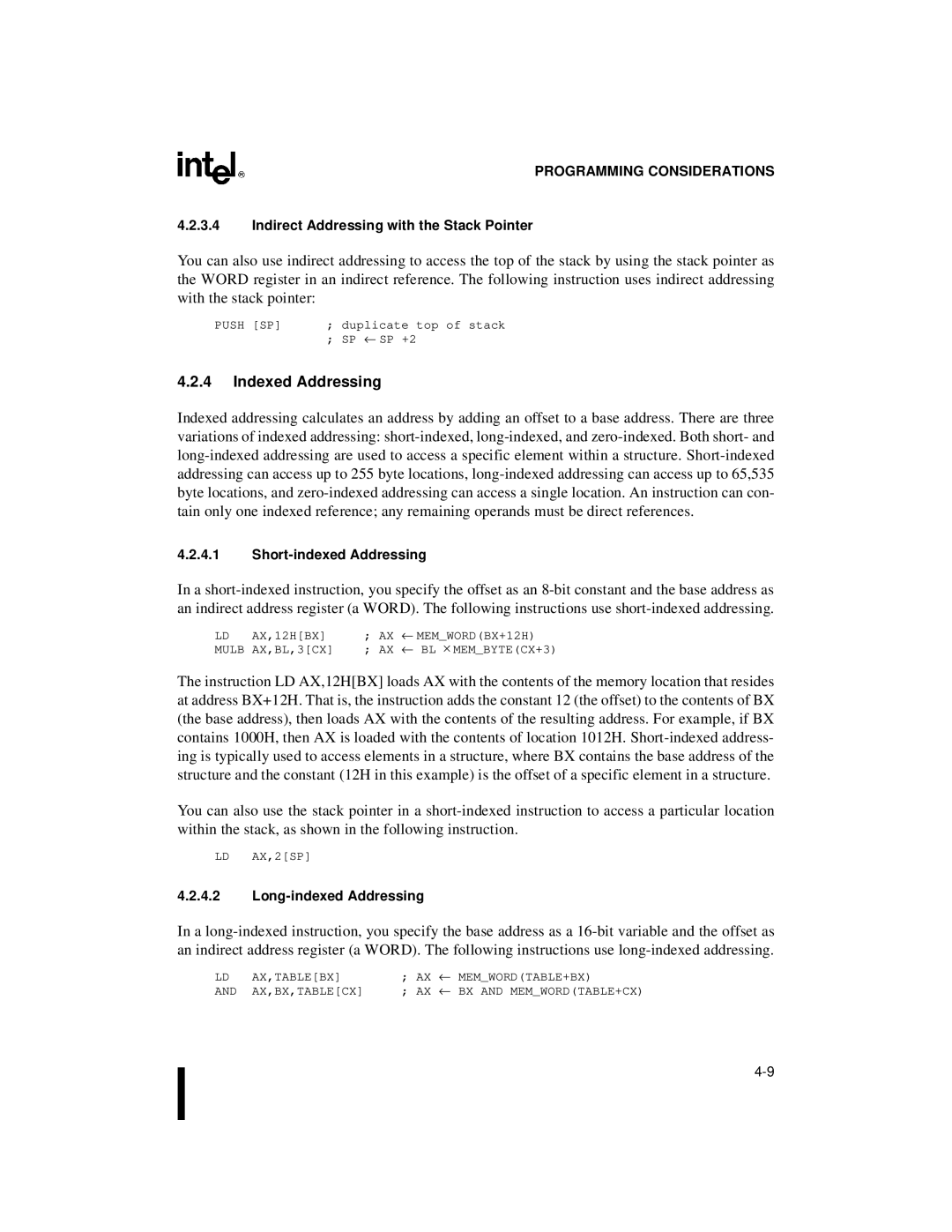 Intel 80C196NU, 8XC196NP manual Indexed Addressing, Indirect Addressing with the Stack Pointer, Short-indexed Addressing 