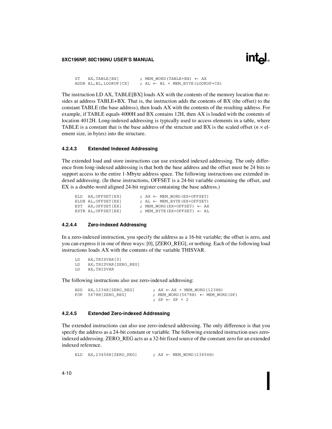 Intel 8XC196NP, 80C196NU, Microcontroller manual Extended Indexed Addressing, Extended Zero-indexed Addressing 