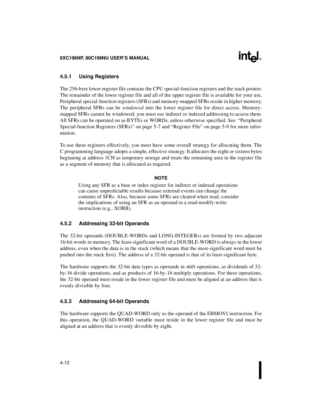 Intel 80C196NU, 8XC196NP, Microcontroller manual Using Registers, Addressing 32-bit Operands, Addressing 64-bit Operands 